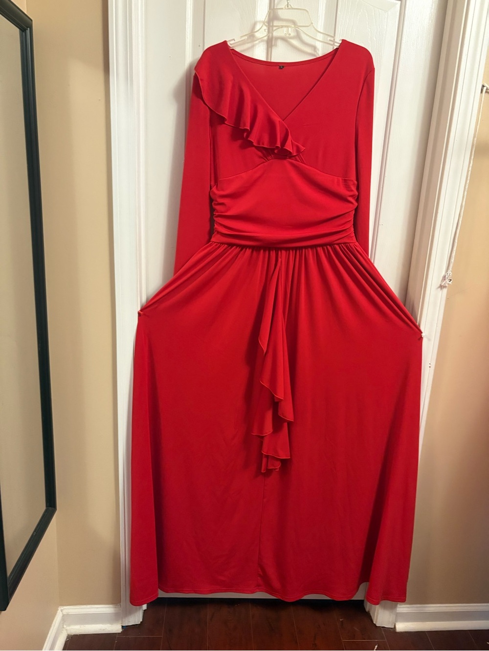 Red Ruffle-Accent Long Sleeve Maxi Dress